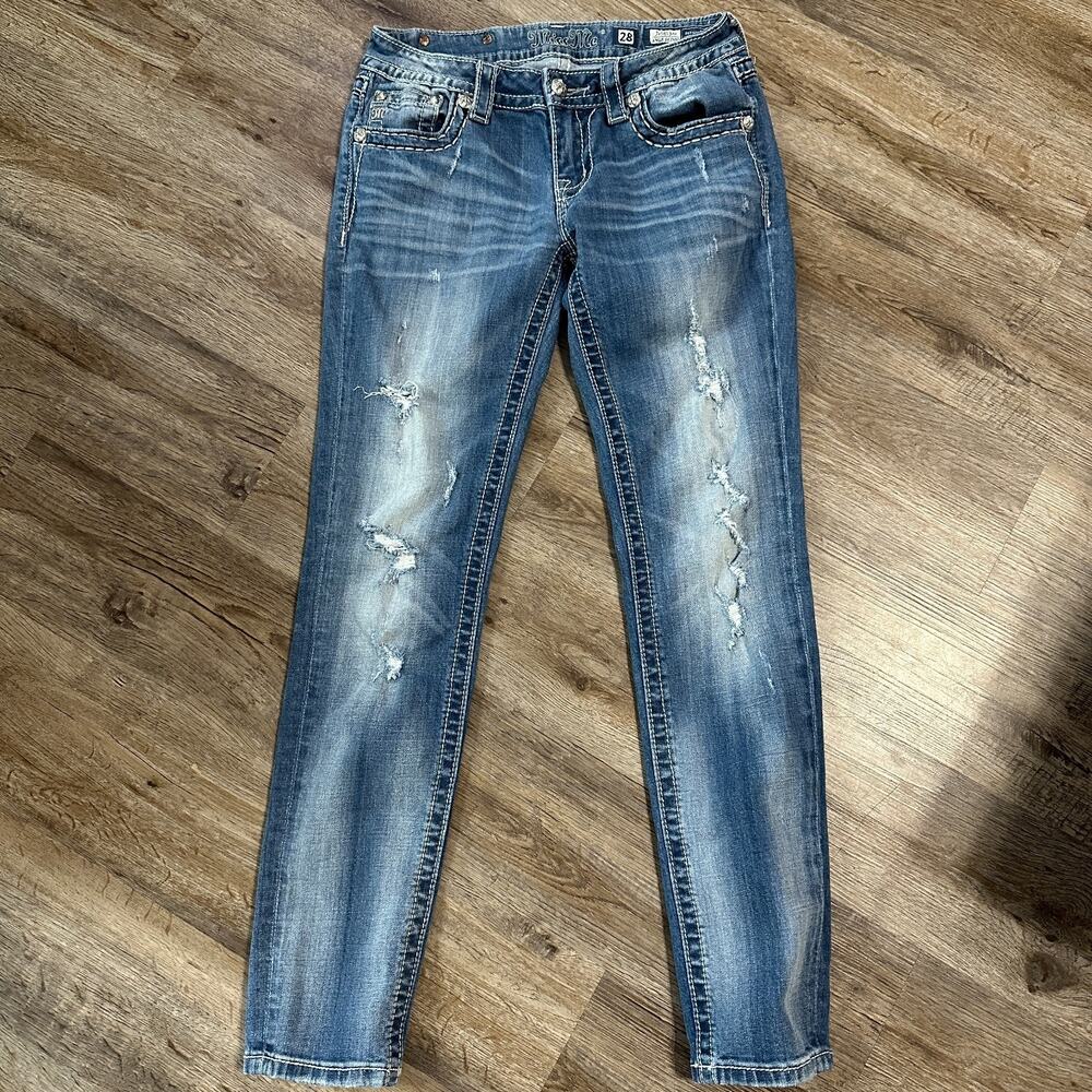Miss Me Ankle Skinny Jeans Size 28 Distressed Rhinestone Low Rise - Picture 3 of 5
